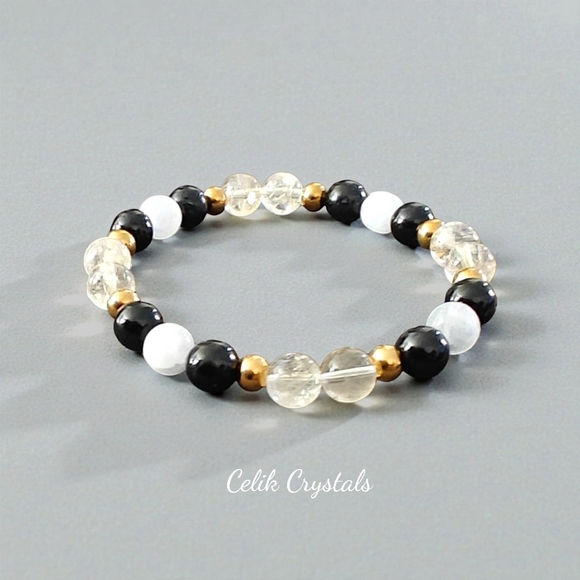 Citrine, Black Tourmaline, Selenite Bracelet Natural Stones 8mm Unisex - Picture 3 of 6